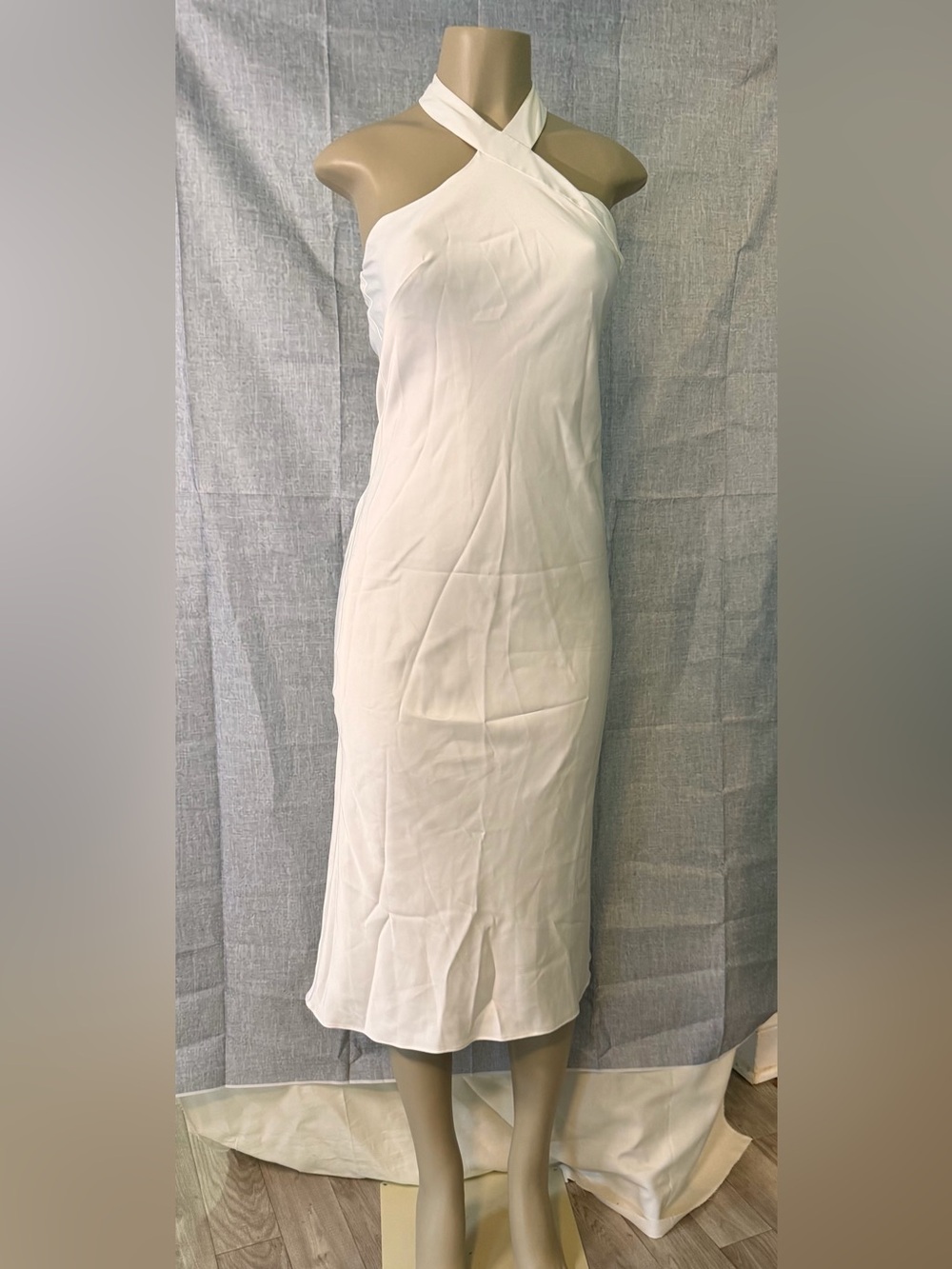 Aidan Mattox Ivory Halter Cross-Neck Midi Dress